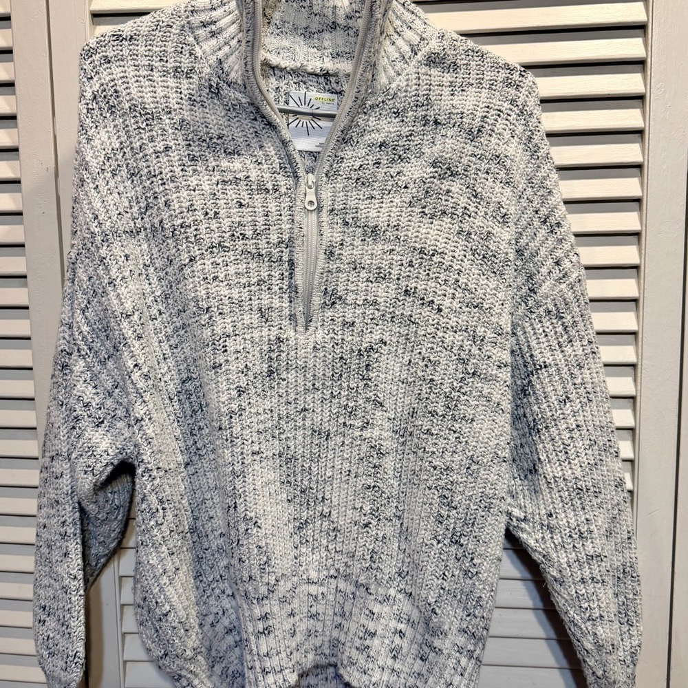 Offline by Aerie Women's Blue and White Knit quarter-zip Sweater